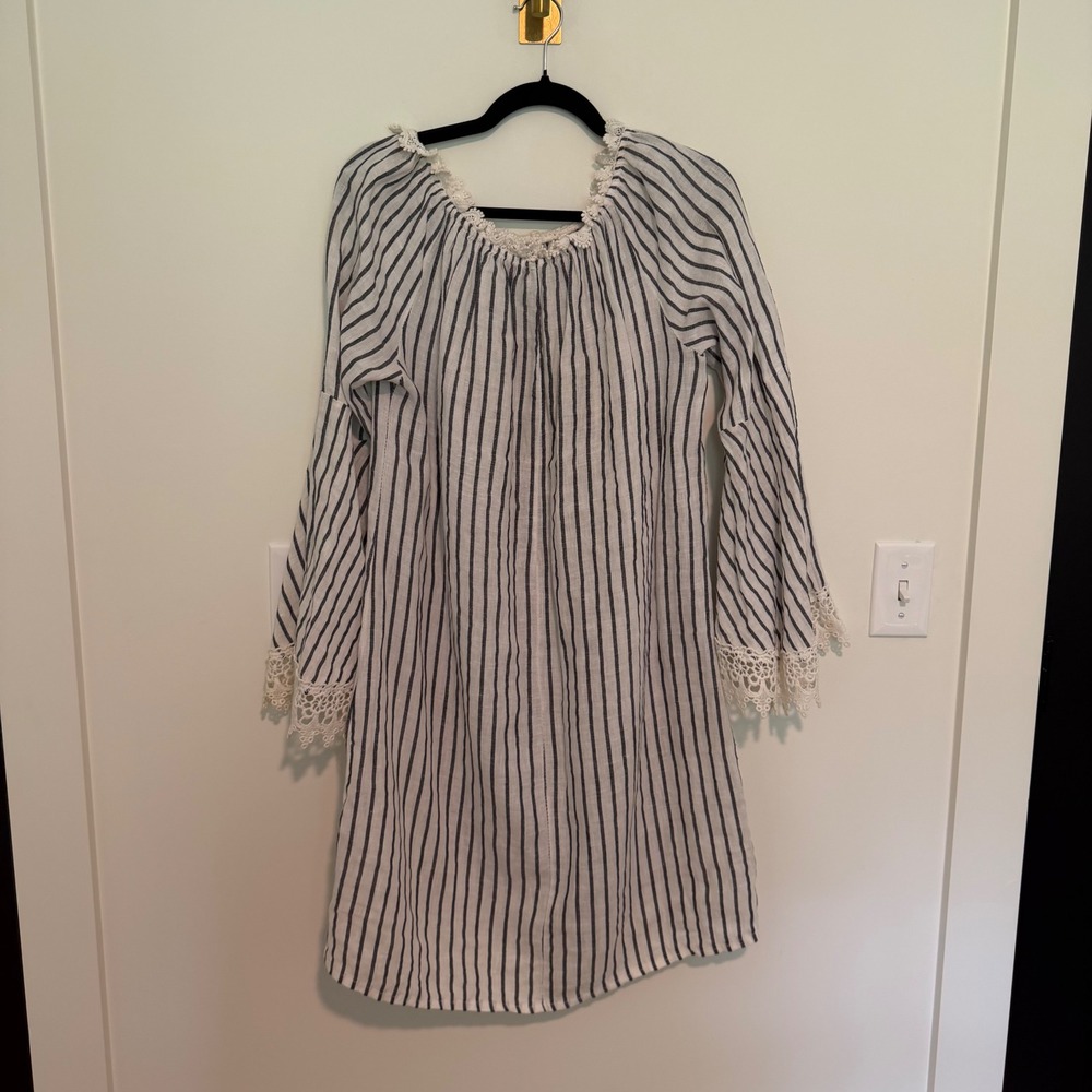 Lungo L'Arno Italy Striped Tunic Dress Blue White Lace Trim Bell Sleeve Womens L - Picture 3 of 3